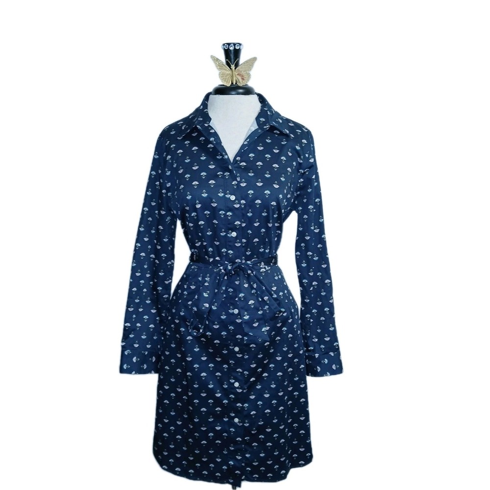 UNTUCKit Sydney Women Shirt Dress 8 Navy Blue Floral Fan Classic Career Cotton